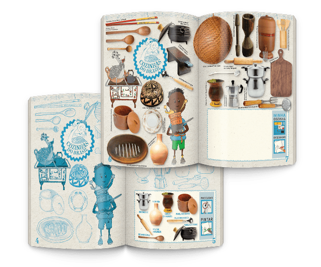 Coleção Povos do Brasil: livro aberto no tema 'Cozinhas do Brasil', apresentando um infográfico com ilustrações e fotos de utensílios tradicionais.