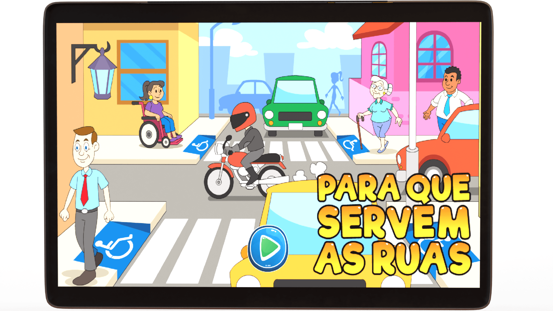 Para que servem as ruas: animação de cena urbana com pedestres e veículos.