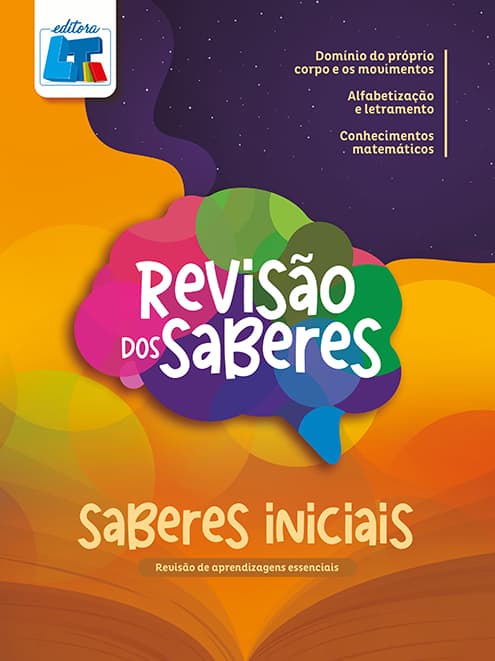 Capa laranja com degradê roxo do livro Revisão dos Saberes: Saberes Iniciais. O título destaca-se dentro da silhueta de um cérebro colorido, e o texto no topo lista os eixos de domínio do corpo, alfabetização e conhecimentos matemáticos.