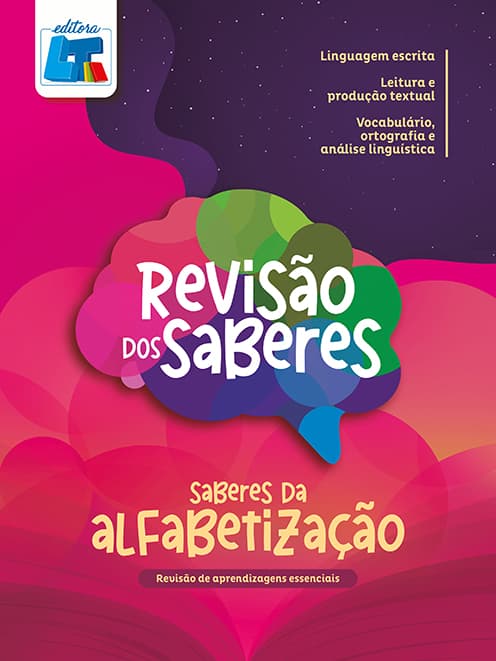Capa rosa com detalhes em roxo do livro Revisão dos Saberes: Saberes da Alfabetização. Além do cérebro multicolorido ao centro, a capa elenca no canto superior os temas de linguagem escrita, leitura, produção textual e análise linguística.