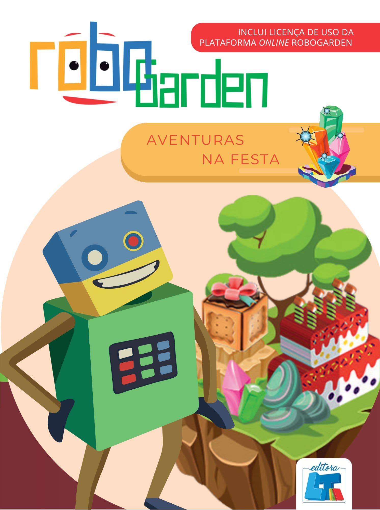 Aventuras na Festa: robô ao lado de um bolo gigante e presentes.