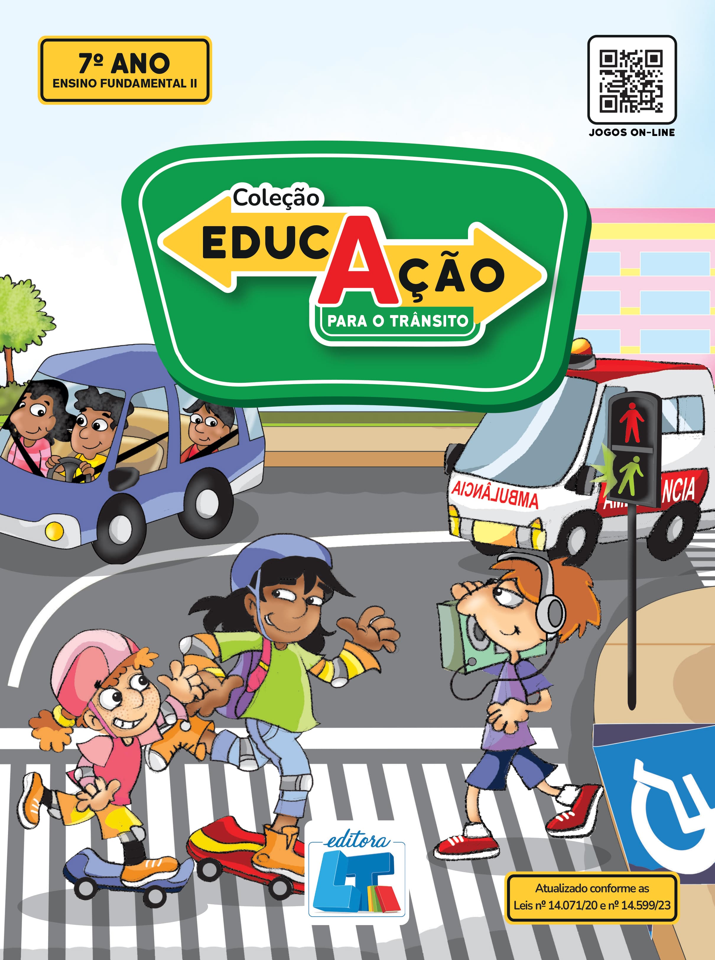 Capa Educação para o Trânsito 7º Ano: adolescentes de skate e patins atravessando a faixa de pedestres.